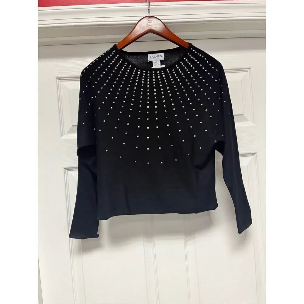 Carmen Marc Valvo Black Gun Metal Square Stud Mock Neck Sweater sz S NWT